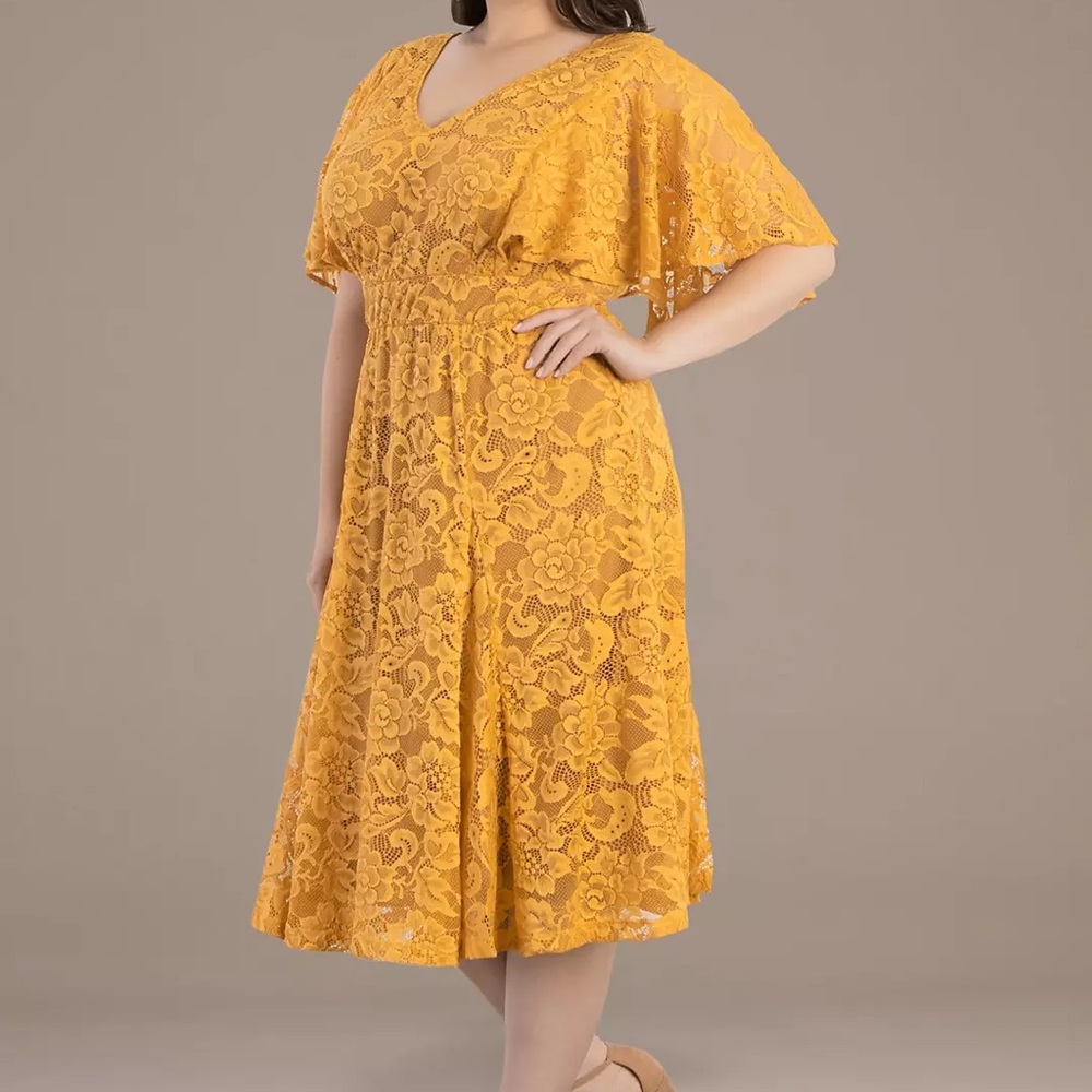 NWT Kiyonna Lace Midi Dress with Flutter Sleeves- Marigold